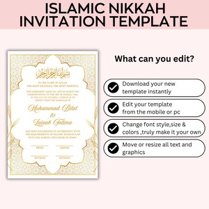 May include: An Islamic Nikkah invitation template in gold and white. The design features ornate borders, calligraphy, and the names Muhammad Bilal & Tainab Fatima. The invitation includes details about the marriage and editable features.