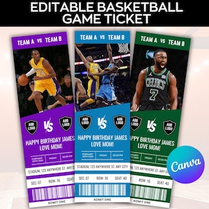 May include: Three basketball game tickets with different color schemes. Each ticket features a basketball player image, the text "TEAM A VS TEAM B", and "HAPPY BIRTHDAY JAMES LOVE MOM!". The tickets include details like date, time, and seat information.