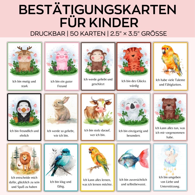 Peut inclure: Ensemble de 50 cartes d'affirmation pour enfants, chacune avec une illustration d'animal &agrave; l'aquarelle. Les cartes mesurent 6,35 cm x 8,89 cm et comprennent des affirmations positives en allemand. Les cartes sont imprimables.