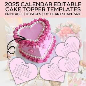 Herz-Kuchendeckel 2025 Kalender, Brennen-Kuchendeckel-Kalendervorlage, Zuckerguss, Oblatenpapier, Kuchendeckel, Canva Bearbeitbar