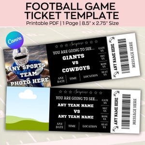 Op de afbeelding: Voetbalwedstrijdticket sjabloon met ruimte voor een foto en teamnamen. Het ontwerp bevat de tekst "Giants vs Cowboys" en "Any Team Name vs Any Team Name". De ticketgrootte is 21,6 cm x 7 cm.