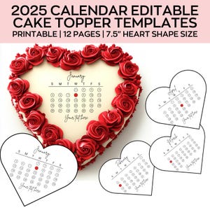 Coeur pour décoration de gâteau, calendrier 2025, modèle de calendrier de décoration de gâteau, glaçage au sucre, gaufrette en papier, décoration de gâteau, toile modifiable