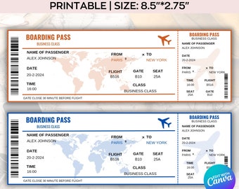 Modèle modifiable de carte d'embarquement, billet d'embarquement imprimable, voyage surprise de carte d'embarquement Canva, billet d'avion Canva, téléchargement numérique