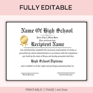 Editable High School Diploma Template, Graduation Certificate,  canva  Editable, Diploma Replica Template, Homeschool Diploma Template,