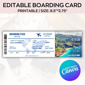 Bearbeitbare Bordkartenvorlage, druckbare Bordkarte, Canva Bordkarte Überraschungsreise, Flugticket Canva, digitaler Download