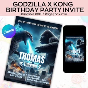 Godzilla-uitnodiging, Godzilla Boys bewerkbare verjaardagsuitnodiging, jongens Monster Party, Godzilla King uitnodigen.