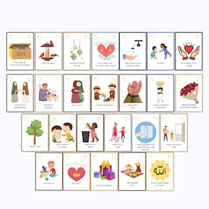 May include: A collection of illustrated cards with various themes. The cards feature images and text promoting acts of kindness, charity, and religious practices. The illustrations include children, animals, and symbolic objects, all set against a white background.