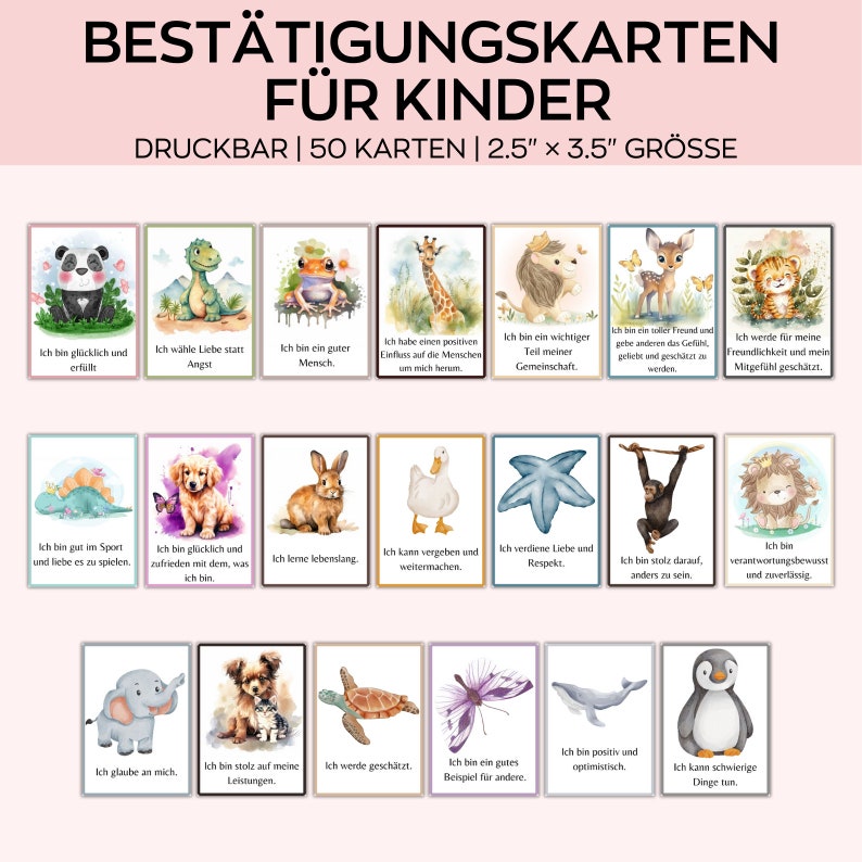 Peut inclure: Ensemble de 20 cartes d'affirmation pour enfants, chacune avec une illustration d'animal &agrave; l'aquarelle et une affirmation positive en allemand. Cartes de 6,35 cm x 8,89 cm.