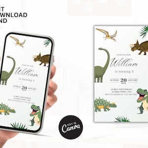 Bearbeitbare Dinosaurier-Geburtstagseinladung, Jurassic World Party Evite, Dino-Geburtstagsvorlage, Dschungeltiere-Einladung, T-Rex zum Ausdrucken