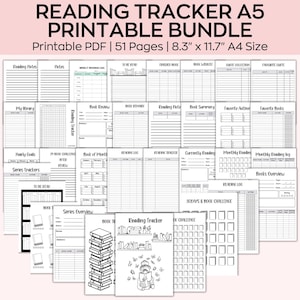 Pacchetto tracker di lettura di libri, tracker di libri stampabile, da leggere, pagine di libri di diario bullet A5, sfida di 100 libri, obiettivi di tracker di lettura