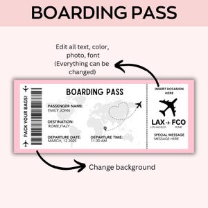 K&ouml;nnte beinhalten: Ein rosa Bordkarten-Design mit den Worten "BOARDING PASS" oben. Der Pass enth&auml;lt Passagierdetails, Zielort, Abflugdatum und -zeit. Das Design zeigt auch eine Weltkarte, Flugzeugsymbole und den Text "PACK YOUR BAGS!"