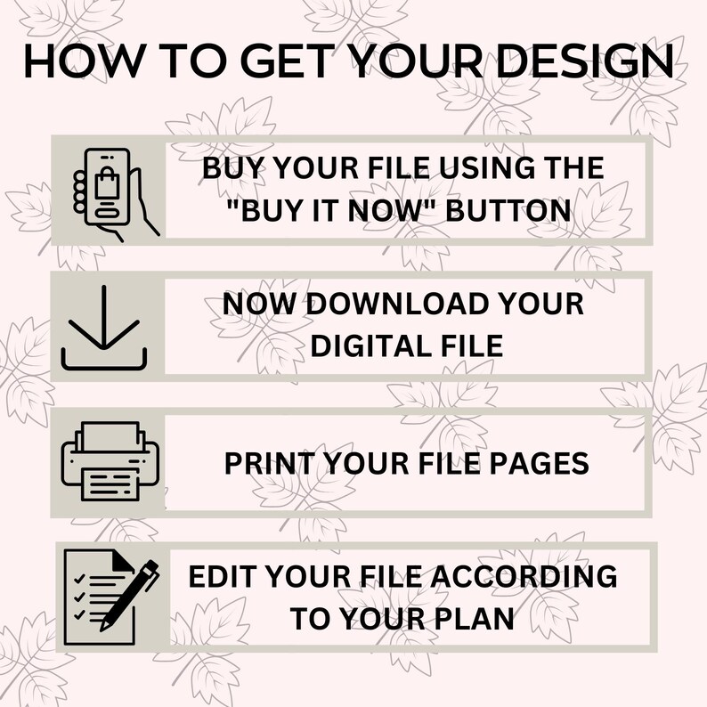 May include: Infographic titled "HOW TO GET YOUR DESIGN" with steps to buy, download, print, and edit a digital file. The instructions are accompanied by icons and text, set against a pale pink backdrop.