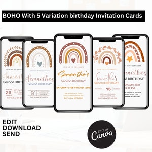 BOHO REGENBOGEN Einladungskarte zum 2.Geburtstag, Geburtstagskarte digital, Party einladen, mobile Geburtstagskarte Text, Canva Selfediting
