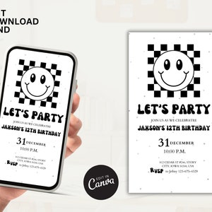Convite de aniversário para menino, rosto sorridente, modelo editável canva, convite xadrez, festa de aniversário de adolescente, 8º, 10º, 11º, 13º, 15º, convite para menino