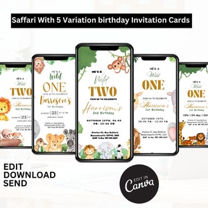 Invito di compleanno safari MODIFICABILE, invito per il primo compleanno di Wild One, inviti con animali della giungla dorati, invito di compleanno allo zoo, autoediting Canva