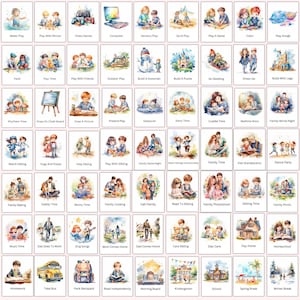 May include: A collection of watercolor illustrations depicting various children's activities. The images include playing with blocks, drawing, reading, and family time. Each card has a title describing the activity, such as "Water Play" and "Play with Blocks."