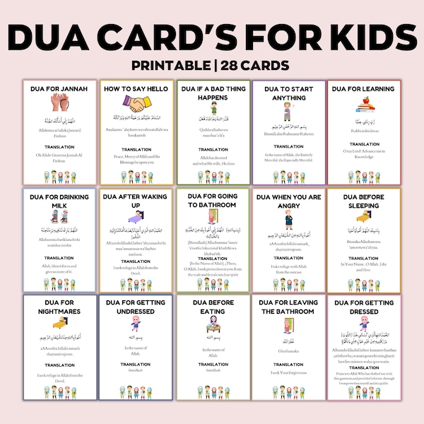 Kids Dua Cards, Islamic Kids Printables, Duas for Kids, Children Dua Book, Prayer Cards, Dua Flashcards,Daily Duas for Kids, Dua for Muslims