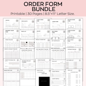 May include: A bundle of printable order forms, including invoices, price quotes, and order trackers. The forms are designed for various products, such as t-shirts, mugs, and ornaments. The bundle includes 30 pages, each 8.5" x 11" in size.