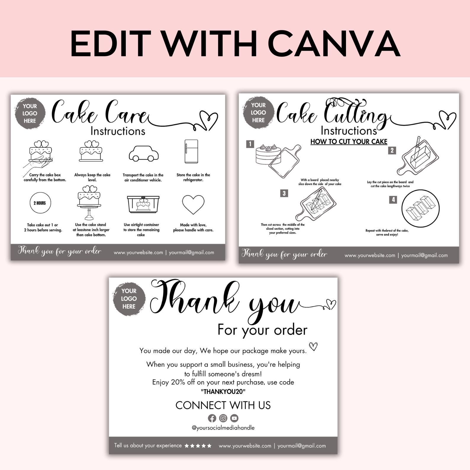 Editable Cake Care & Cutting Guide Canva Template,printable Cake ...