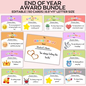May include: A collection of colorful award cards with various themes, including "Glow-Up," "Shining Star," and "Honest Heart." Each card features a title, a space for the student's name, and a short description. The text "END OF YEAR AWARD BUNDLE" is at the top.