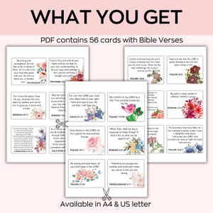 Puede incluir: Un conjunto de 56 tarjetas con vers&iacute;culos b&iacute;blicos, con ilustraciones florales. Las tarjetas est&aacute;n disponibles en tama&ntilde;os A4 y US letter. El texto "WHAT YOU GET" est&aacute; en la parte superior.