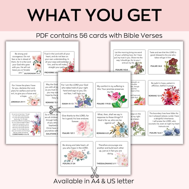 Puede incluir: Un conjunto de 56 tarjetas con vers&iacute;culos b&iacute;blicos, con ilustraciones florales. Las tarjetas est&aacute;n disponibles en tama&ntilde;os A4 y US letter. El texto "WHAT YOU GET" est&aacute; en la parte superior.