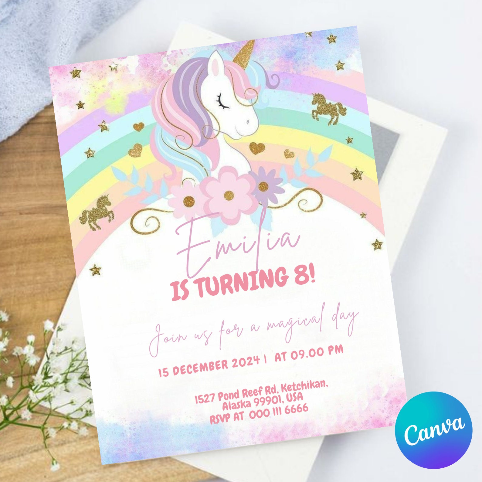 Unicorn Rainbow Girl’s Birthday Party Digital Invitation Template, Printable Digital Woman Electronic Party Card, Editable card