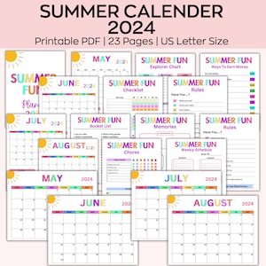 Planificador de verano editable 2024, planificador de verano para niños imprimible, cuadro de tareas de verano, calendario de verano, cronograma de tareas para niños, planificador de trabajos de verano