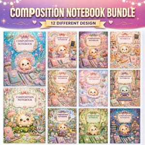 Può includere: Un pacchetto digitale di 12 quaderni di composizione con varie illustrazioni dai toni pastello di un personaggio rotondo e sorridente. Ogni copertina mostra il testo COMPOSITION NOTEBOOK e presenta scene uniche, tra cui ambientazioni sottomarine, giardini e biblioteche.