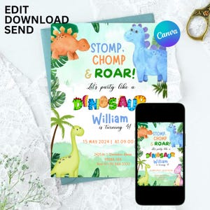 Editable Dinosaur Electronic Invitation Template, Dinosaur Birthday Phone Invitation, Dinosaur Thank you tag, Electronic Invitation