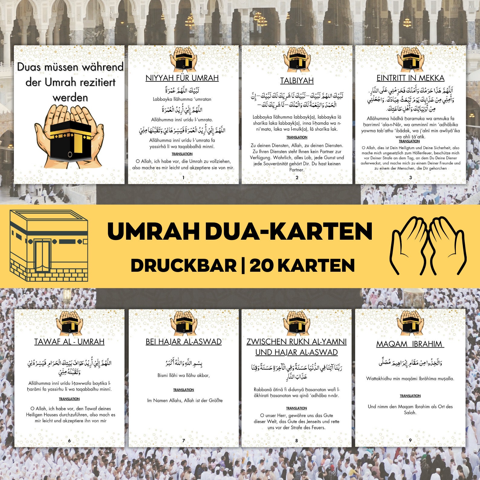 Cartes Flash Umrah Dua – 18 Cartes, 17 Invocations, Translittération, Guide étape Par étape, Pèlerinage