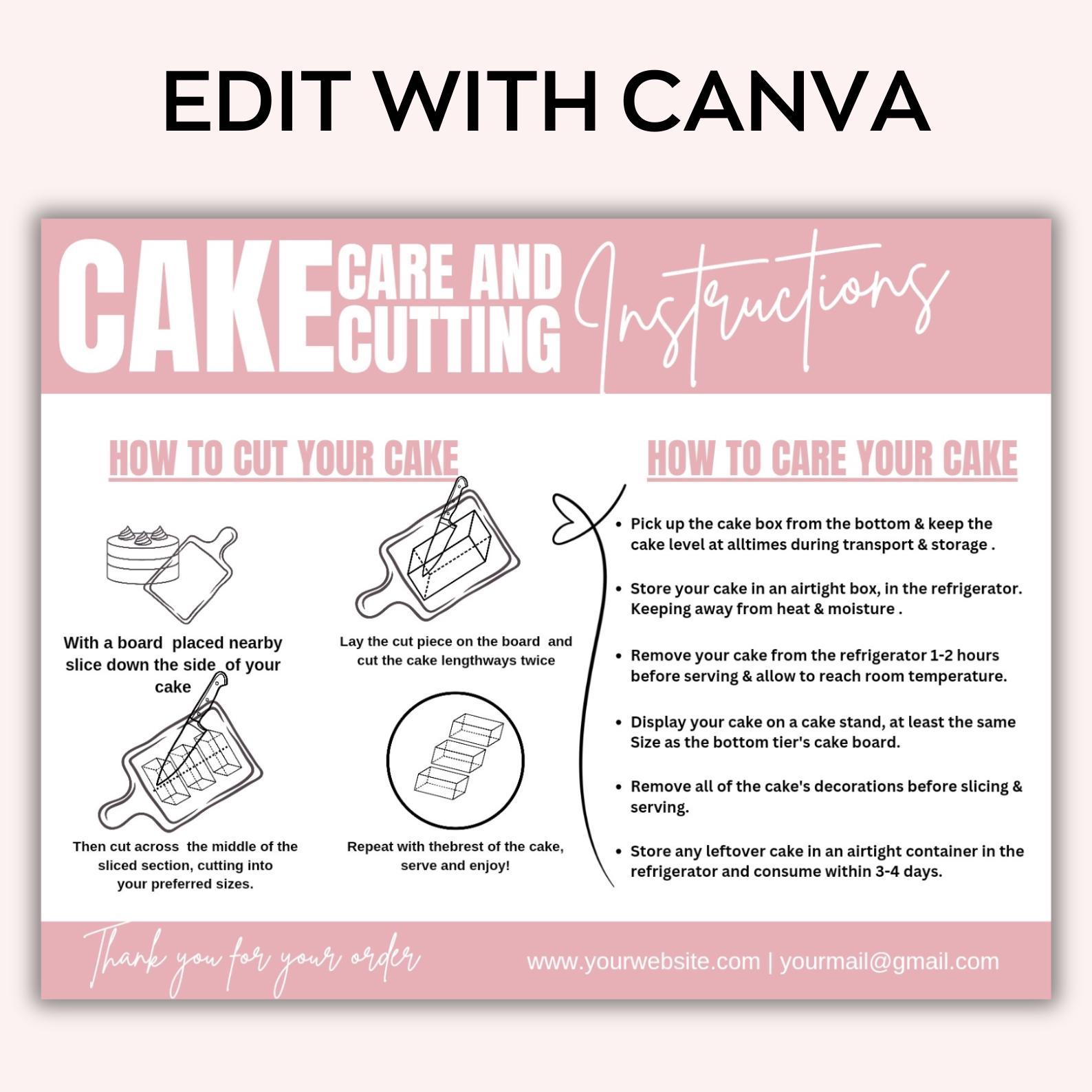Editable Cake Care & Cutting Guide Canva Template, Cake Cutting Guide ...