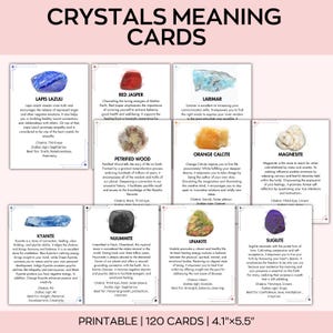 May include: A set of 120 printable crystal meaning cards, each 4.1" x 5.5", featuring various crystals like Lapis Lazuli, Red Jasper, and Larimar. The cards provide information on each crystal's properties, chakras, and zodiac signs.
