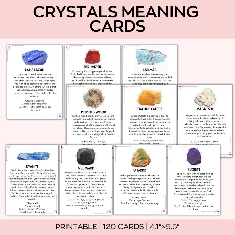 May include: A set of 120 printable crystal meaning cards, each 4.1" x 5.5", featuring various crystals like Lapis Lazuli, Red Jasper, and Larimar. The cards provide information on each crystal's properties, chakras, and zodiac signs.