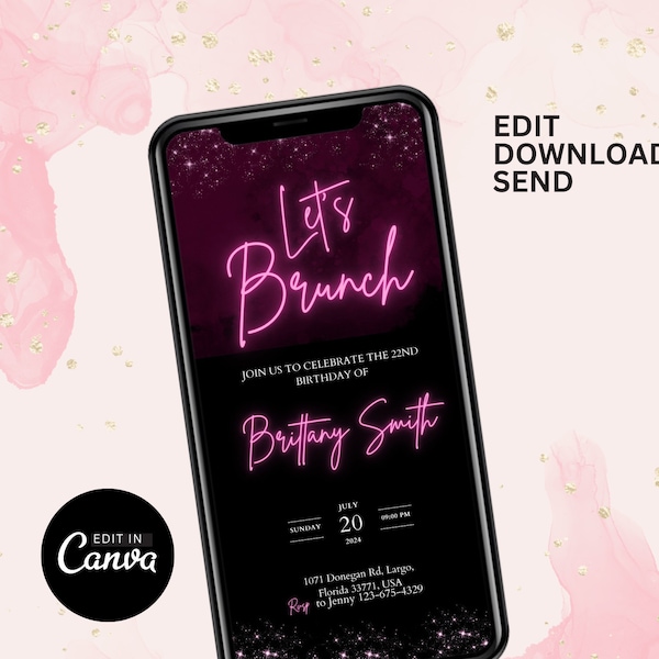 Neon Pink Birthday Brunch Invitation, Let's Brunch, Editable Template, Any Age Invite, Dinner Party Invite, Canva Editable, Evite Phone Text