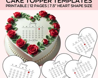 Calendario 2026 con adornos de corazón para tartas, plantilla de calendario para decorar tartas que se quema, glaseado de azúcar, papel de oblea, adorno para tarta, editable en Canva.