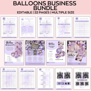 May include: A bundle of editable business templates for balloons, featuring 22 pages in multiple sizes. The templates include payment receipts, order forms, invoices, and price lists. The design is predominantly purple and white.