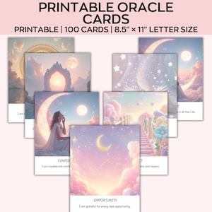 Op de afbeelding: Een set afdrukbare orakelkaarten met pastelkleurige illustraties. Elke kaart toont een unieke hemelse scène met manen, wolken en sterren. De tekst op de kaarten bevat affirmaties zoals "Vertrouwen" en "Kans". De kaarten zijn 21,6 cm x 27,9 cm groot.