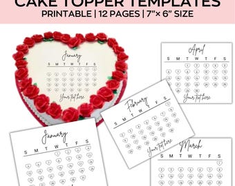 Adornos para tartas de corazón para el calendario 2025, plantilla de adorno para tartas quemadas, glaseado de azúcar, oblea, adorno para tarta, editable en Canva