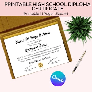 Editable High School Diploma Template, Graduation Certificate,  College Degree Certificate, Homeschool Diploma, Diploma Replica Certificate.