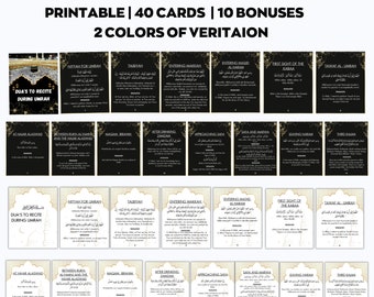 May include: A set of Umrah Dua's flash cards, featuring 40 printable cards with 10 bonuses. The cards are available in two colors and include text in Arabic and English. The cards cover various aspects of the Umrah pilgrimage.