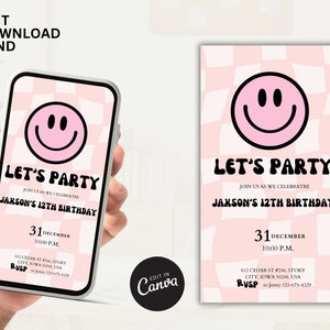 Geburtstagseinladung für Mädchen, Smiley-Gesicht, bearbeitbare Vorlage, moderne Happy Invite, 8., 10., 11., 13., 15., Teen Bday Party, rosa Karo