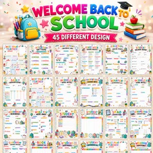 May include: A digital collection of 45 printable school forms and classroom templates featuring colorful illustrations of backpacks, books, and school supplies. The set includes various student tracking sheets, checklists, and logs with headers like Meet Your Teacher and Student Incident Report.