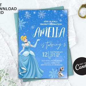 Geburtstagseinladung Emelia, Winter-Schnee-Geburtstag druckbare, bearbeitbare Mädchen-Geburtstagseinladung, Canva-Vorlage Gefrorene Einladung