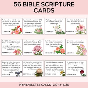 Puede incluir: Juego de 56 tarjetas de vers&iacute;culos b&iacute;blicos con ilustraciones florales. Cada tarjeta presenta un vers&iacute;culo diferente de la Biblia, junto con un dise&ntilde;o floral. Las tarjetas miden 9,9 cm x 7,6 cm y son imprimibles.