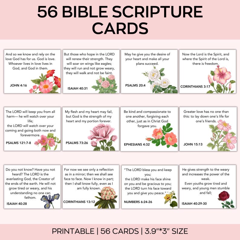 Puede incluir: Juego de 56 tarjetas de vers&iacute;culos b&iacute;blicos con ilustraciones florales. Cada tarjeta presenta un vers&iacute;culo diferente de la Biblia, junto con un dise&ntilde;o floral. Las tarjetas miden 9,9 cm x 7,6 cm y son imprimibles.