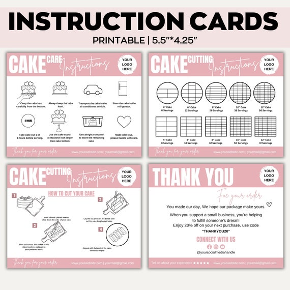 Editable Cake Care & Cutting Guide canva Template,Printable Cake Business Thank You,Cake Care Printable Card, Cake Serving Instructions