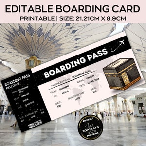 Carte d'embarquement pour le Hajj, billet d'avion modifiable pour le Hajj, cadeau Omra de La Mecque, Médine, voyage à La Mecque, cadeau Memrobila, cadeau pour couple image 1