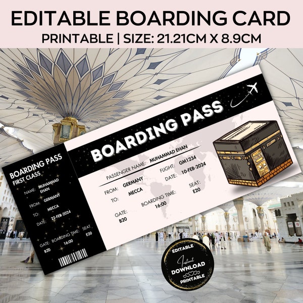 Hajj Bordkarte, bearbeitbares Hajj-Flugticket, Makkah Umrah Geschenk, Madinah, Mekka Reise, Memrobila Geschenk, Paar Geschenk