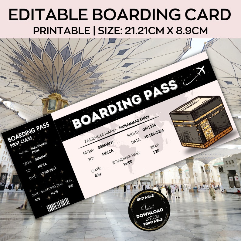 Hajj Boarding Pass,Editable Hajj plane ticket,Makkah Umrah Gift ,Madinah,Mecca Travel,Memrobila Gift,Couple Gift image 1